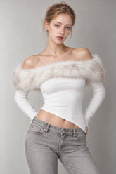 Fuzzy Long Sleeve Off Shoulder Asymmetric Long Sleeve Tee