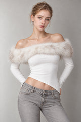 Fuzzy Long Sleeve Off Shoulder Asymmetric Long Sleeve Tee