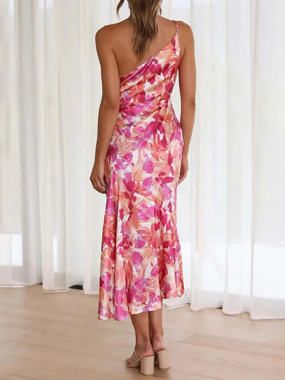 Pink Floral One-Shoulder Ruched Satin Dress