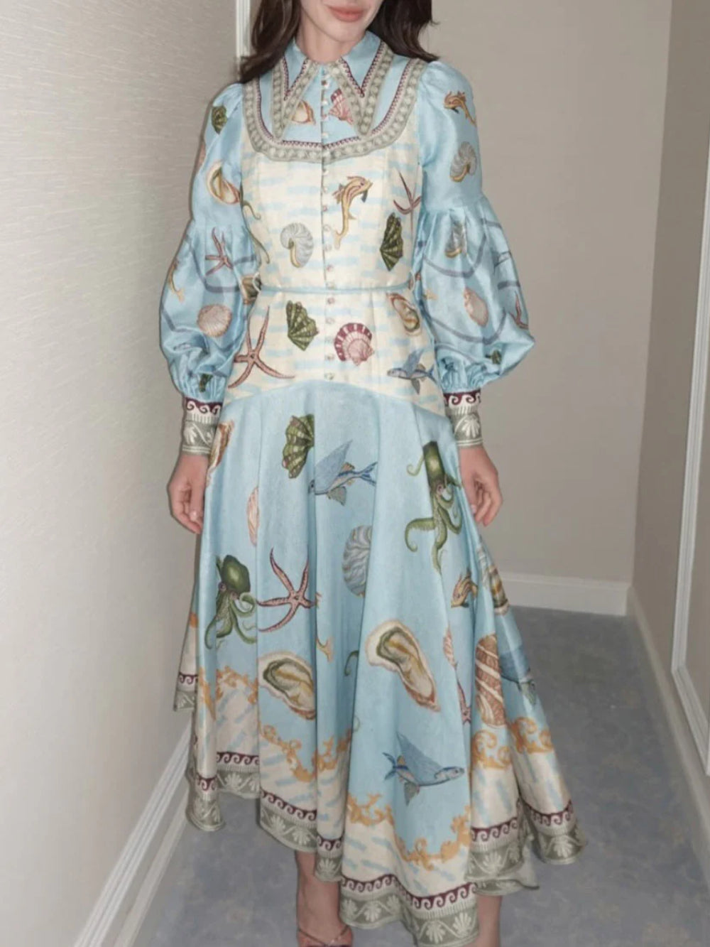 Deep Sea Floral Print Single-Breasted Midi Dress