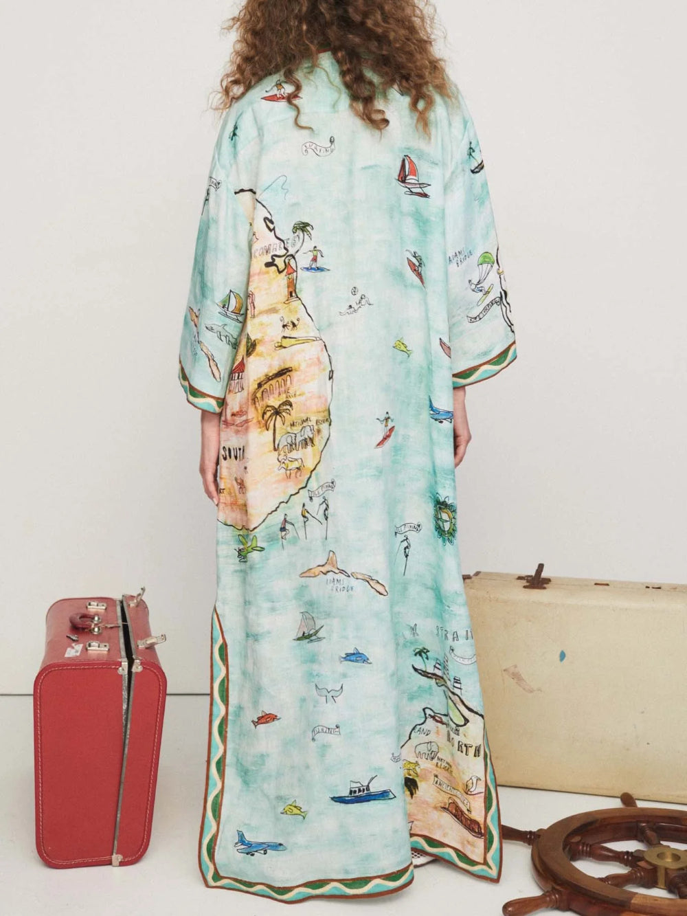 Modern Satin Art Island Print Slit Dress