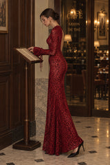 Red Leopard Print Crew Neck Backless Mermaid Maxi Dress