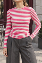 Arm Design Long Textured Pink Knit Striped Tee