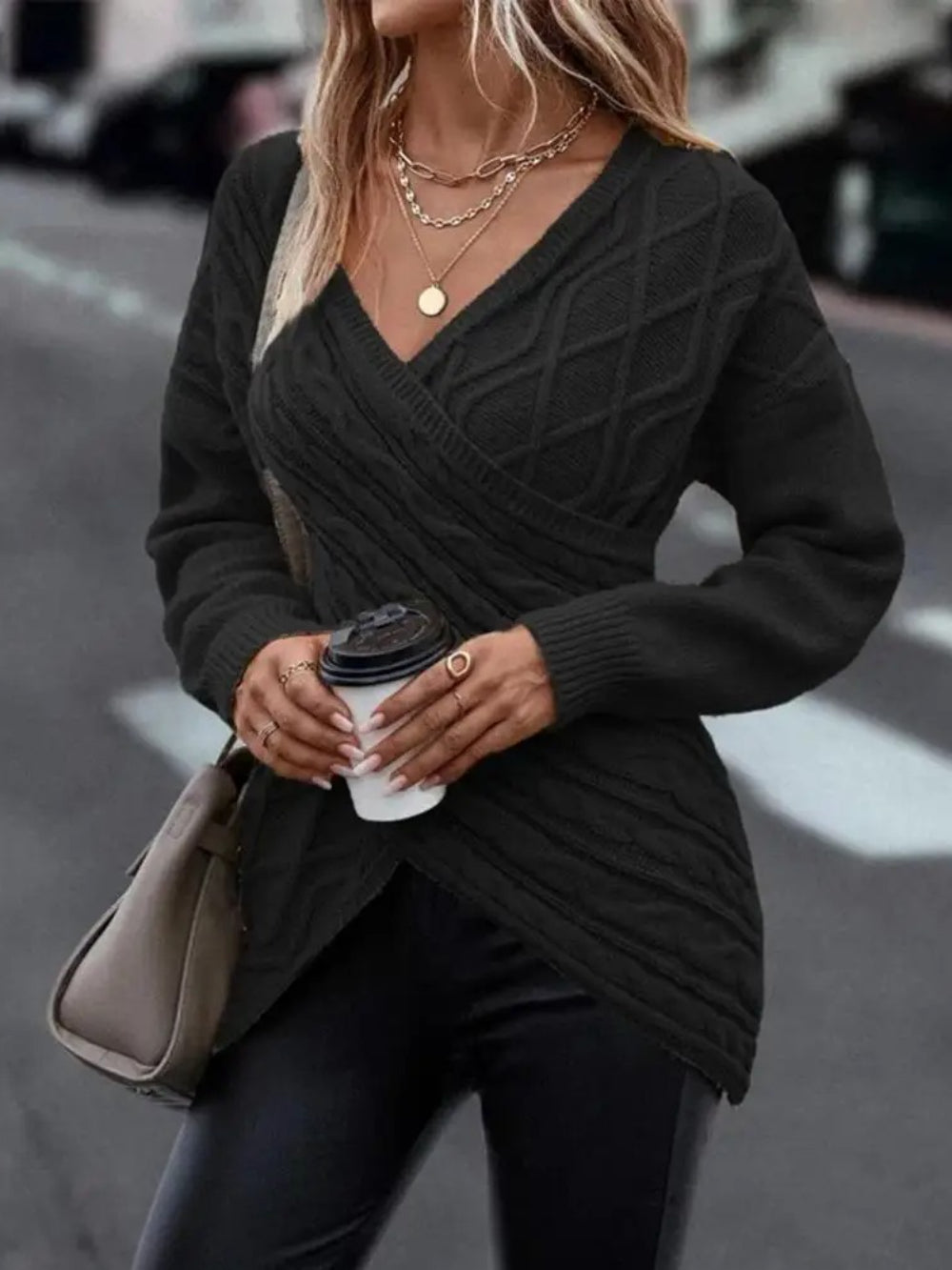 V-Neck Solid Color Knitted Pullover
