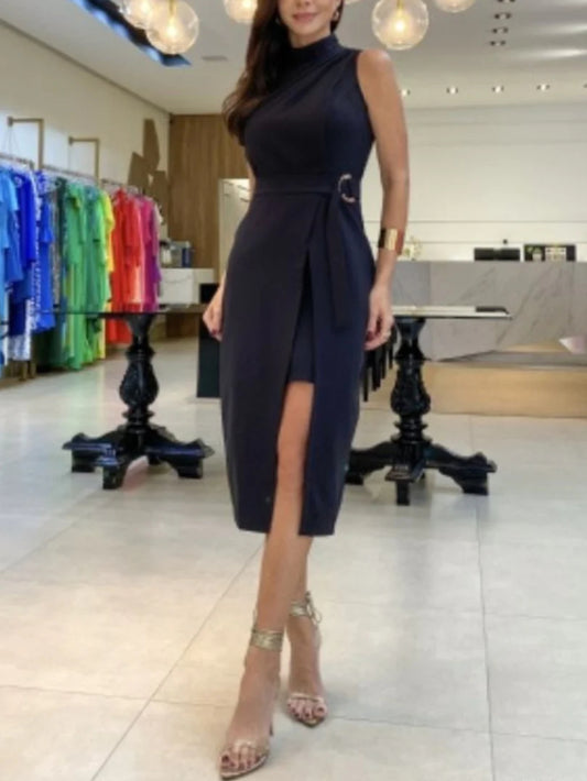 Stand Collar Faux Two-piece Tie-up Split Midi Dress