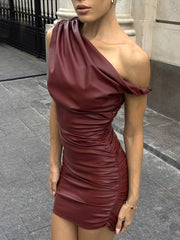 Imitation Leather Asymmetrical Shoulder Fold Mini Dress