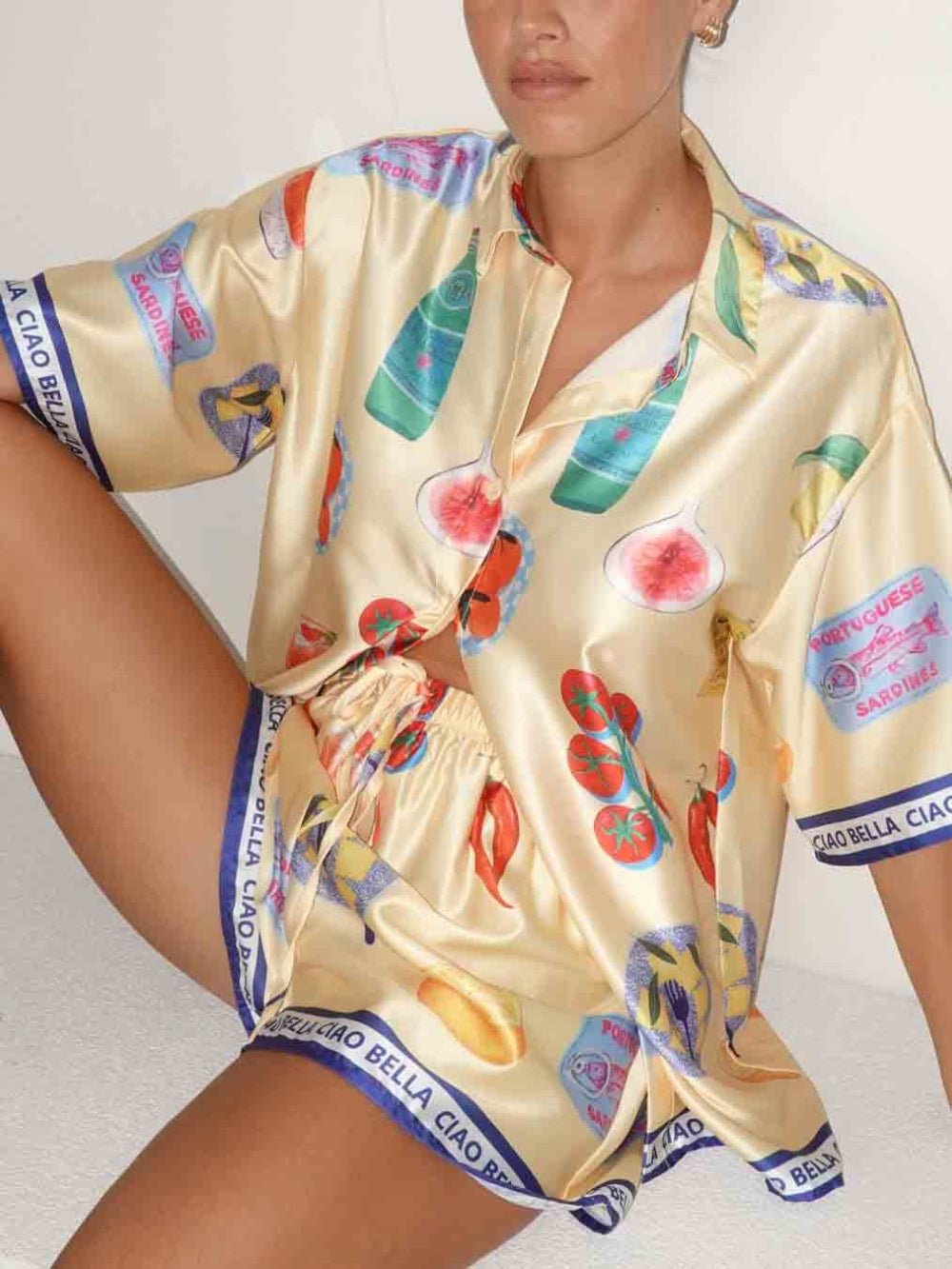Printed Lapel Cardigan Shorts Set