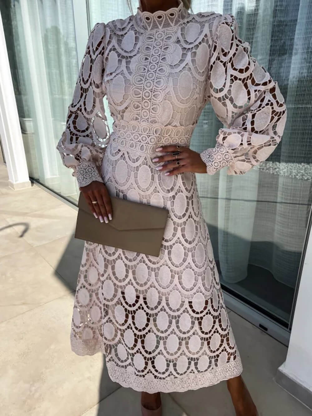 Lace Stand Collar Puff Sleeve Dress