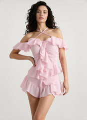 Stylish Off Shoulder Long Sleeve Ruffle Skirt Set