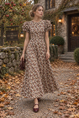 Puff Flower Print Slim Cotton Holiday Midi Dress