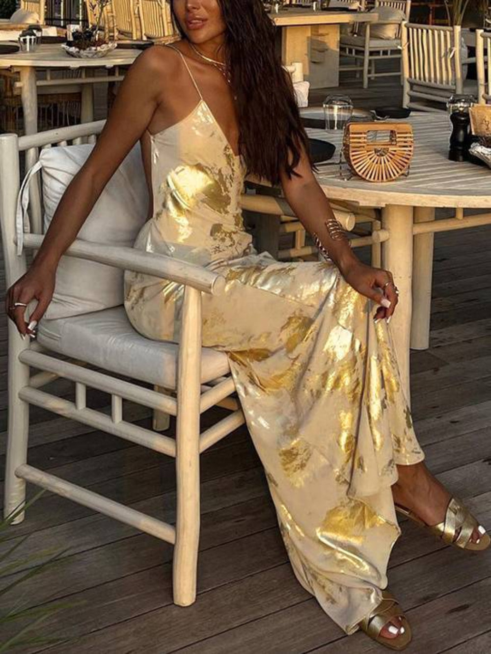Party Gold Foil Backless V-Neck High-Waist Cami Dress
