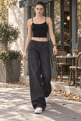 Drawstring Ruched Wide Leg Jeans