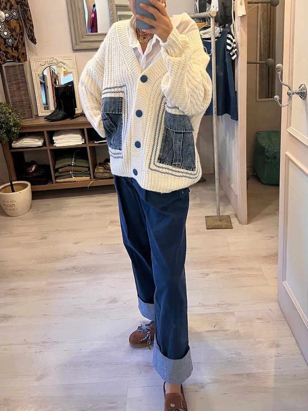 Denim Patchwork Knit Cardigan