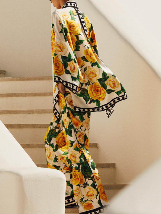 Rose Print Wide-Leg Pants