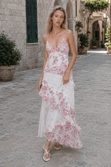 Deep V Ruffle Floral Lace Patchwork Cami Maxi Dress