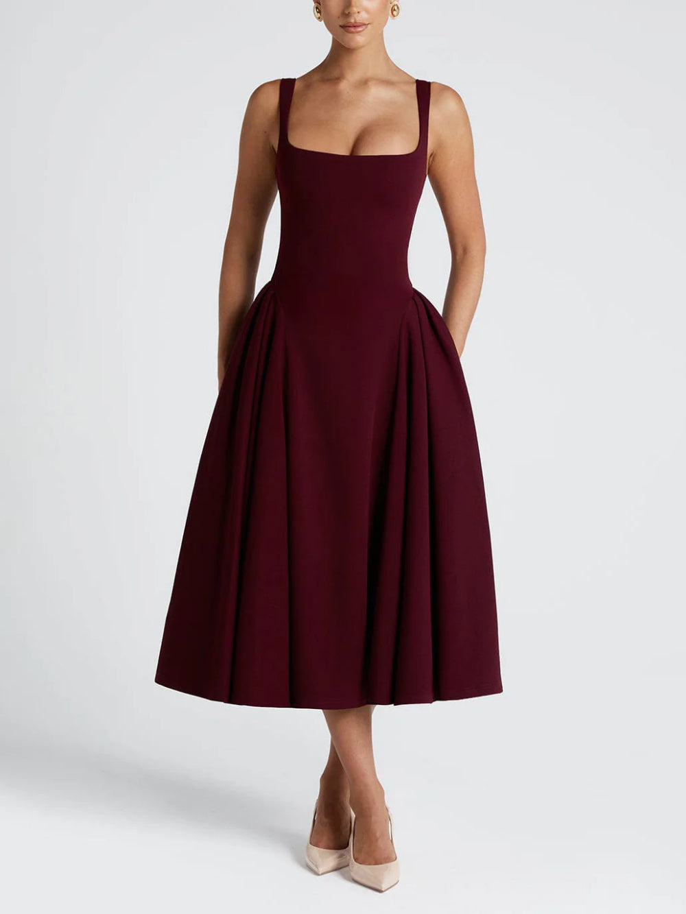 Retro Square Neck Slim Elegant Midi Dress