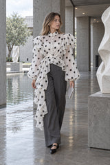 Dot Ruffled Tie Stand Collar Blouse