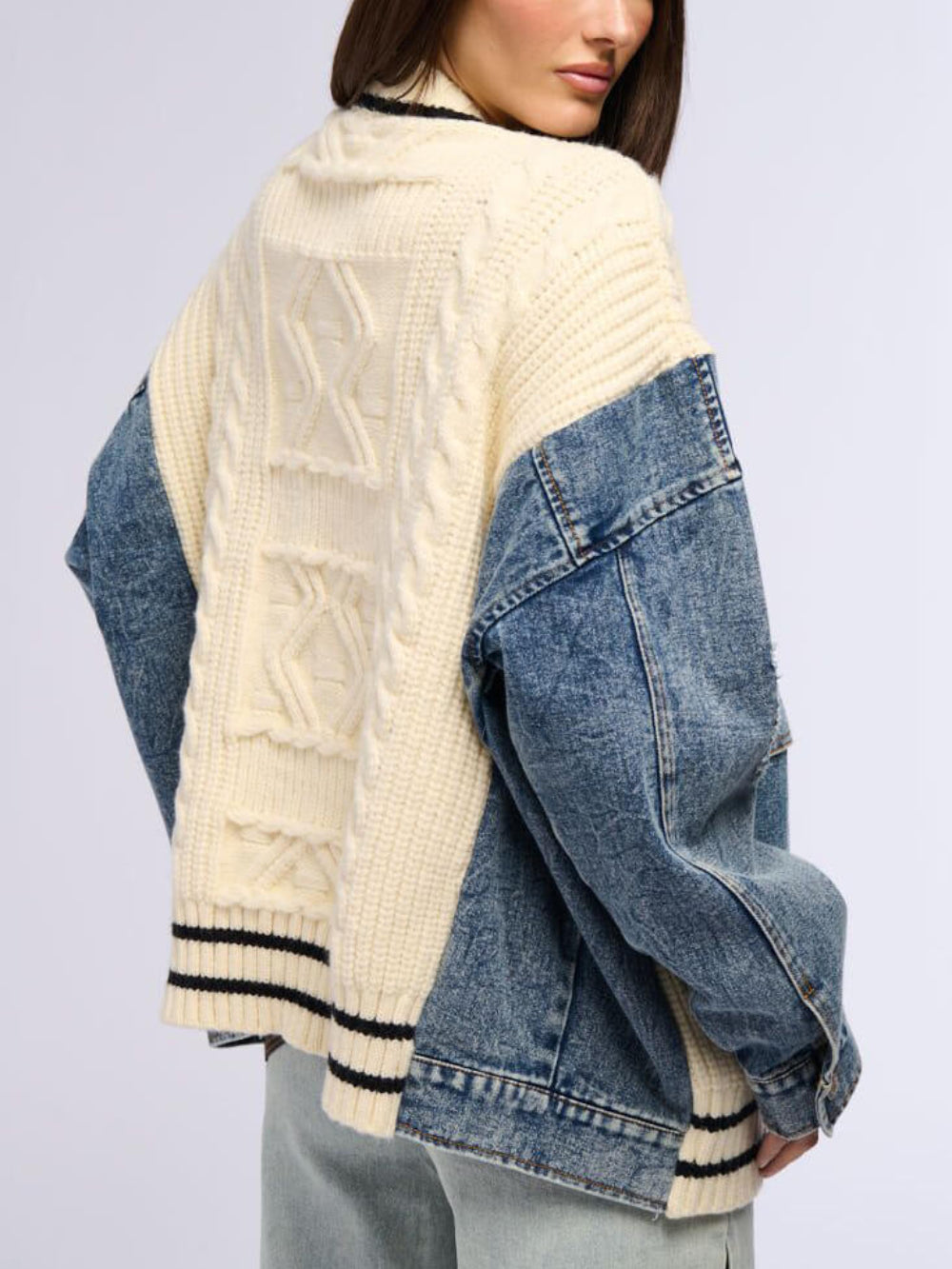 Denim Patchwork Cable Knit Coat