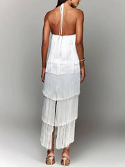 Fashion Halter Fringe Backless Slit Dress