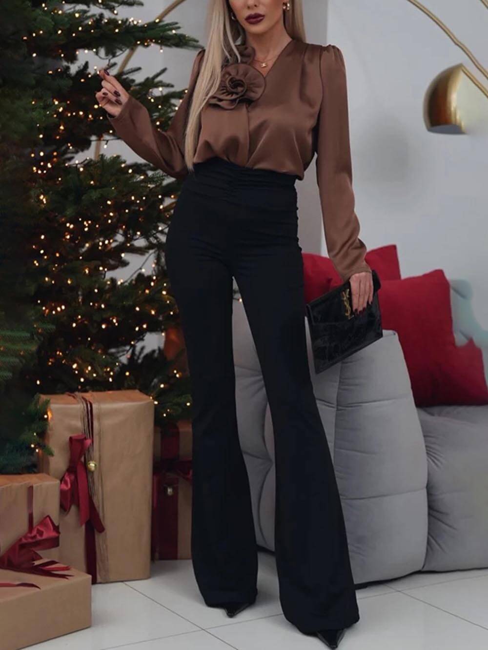 Flower Embellished Satin Shirt
