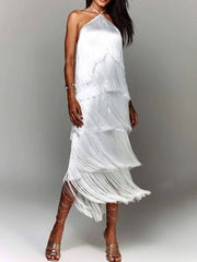 Fashion Halter Fringe Backless Slit Dress