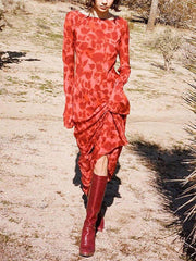 Unique Print Boat Neck Bell Sleeve Bias Cut Maxi Dress