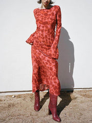 Unique Print Boat Neck Bell Sleeve Bias Cut Maxi Dress