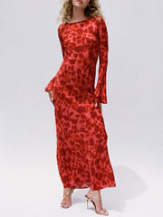 Unique Print Boat Neck Bell Sleeve Bias Cut Maxi Dress