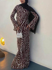Unique Print Boat Neck Bell Sleeve Bias Cut Maxi Dress
