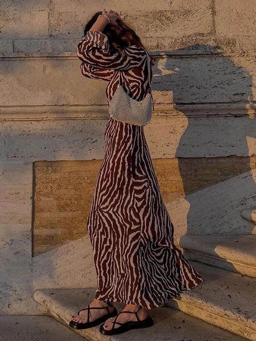 Unique Print Boat Neck Bell Sleeve Bias Cut Maxi Dress