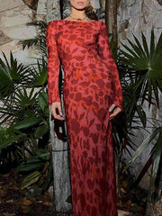 Unique Print Boat Neck Bell Sleeve Bias Cut Maxi Dress