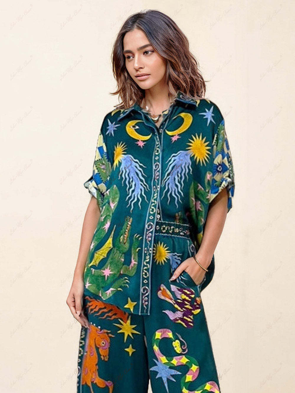 Print Wide Leg Pants Set with Pockets
