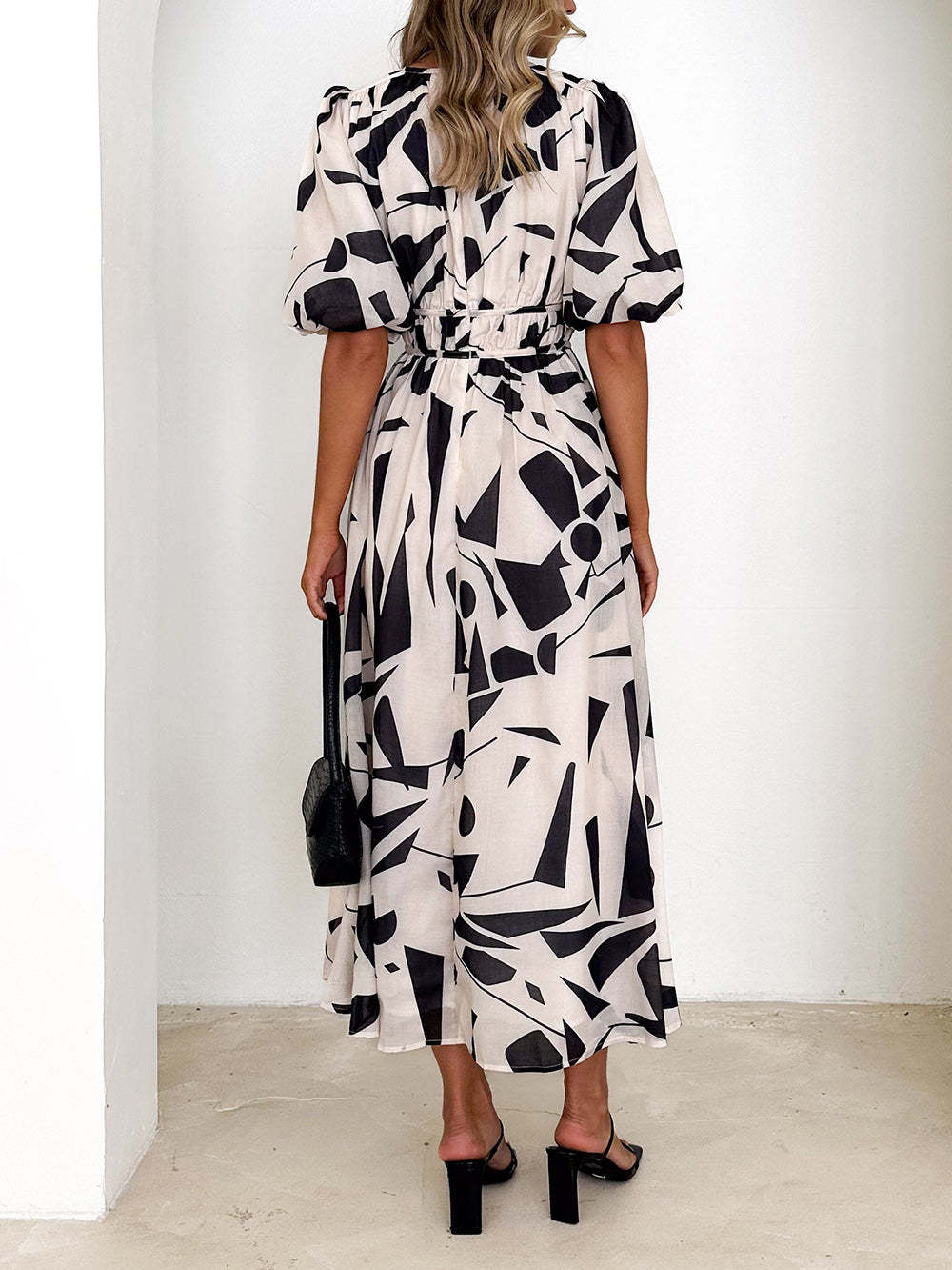 Beige Geometric Print Midi Dress