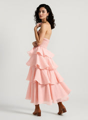 Fashion Strapless Backless Ruffle Tiered Midi Dress