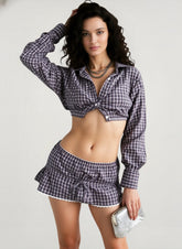 Plaid Lace Cropped Elastic Tie Waist Two Piece Set