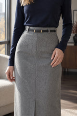 Elegant Striped Faux Wool Belted Casual High Waist A-Line Skirt