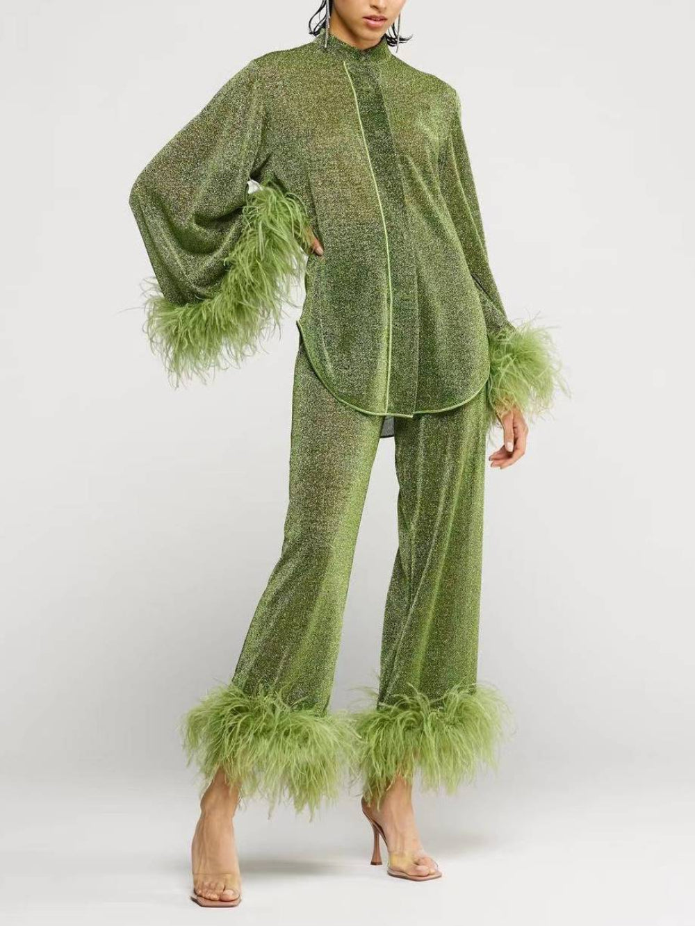 Feather Collar Shirt & Pants Set