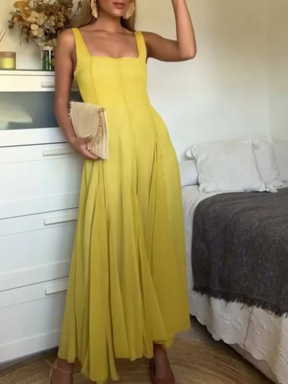Square Collar Sling Midi Dress