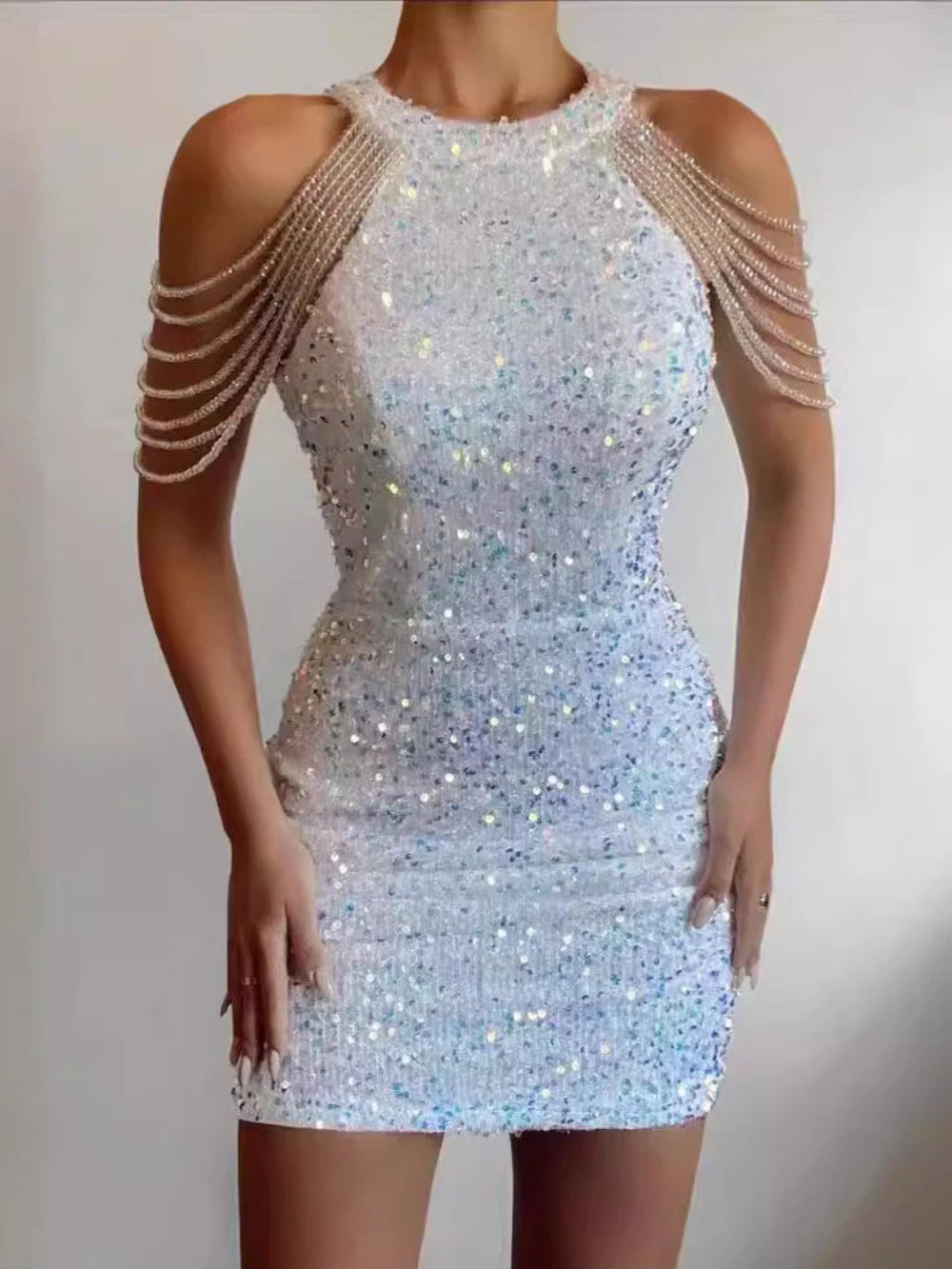 Elegant Crystal Chain Embellished Sequin Dress