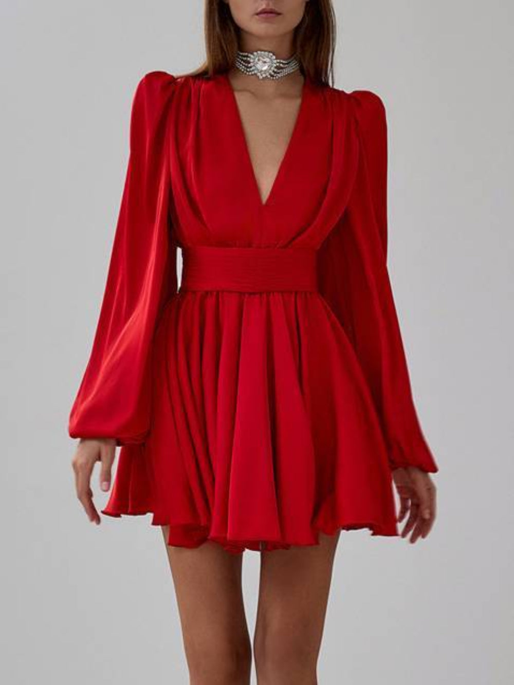 Bubble Sleeve Pleated Waist Dress