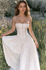 Chiffon Pleated Floral Off Shoulder Maxi Dress