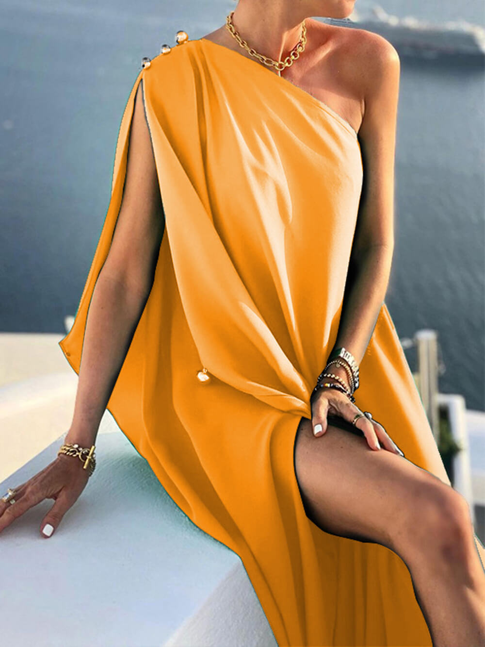 Fashionable Solid Color Loose One Shoulder Dress