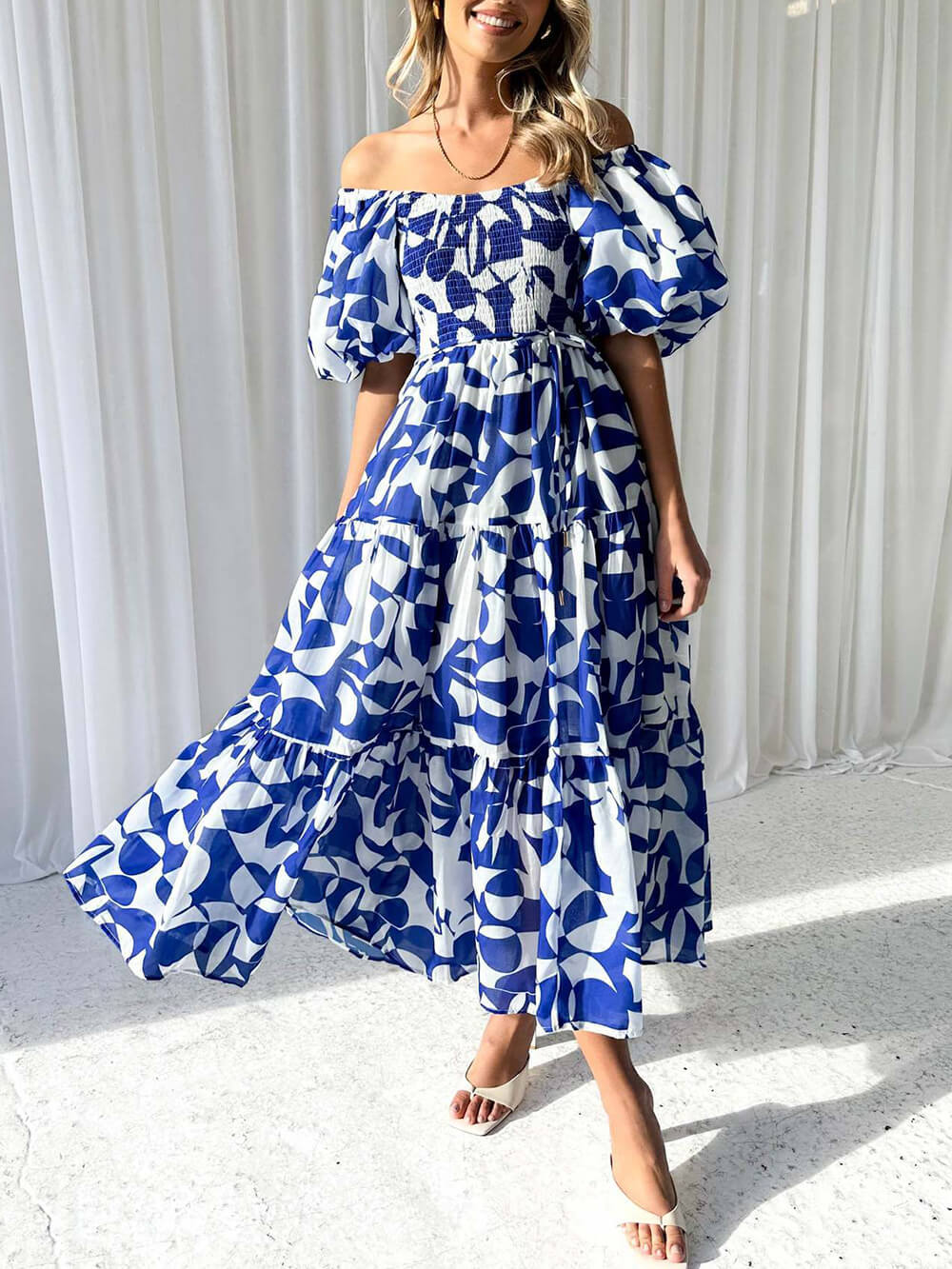 Elegant Floral Off-Shoulder Puff Sleeve Dress