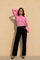 Solid Mock Neck Paneled Ruffled Long Sleeve Tee