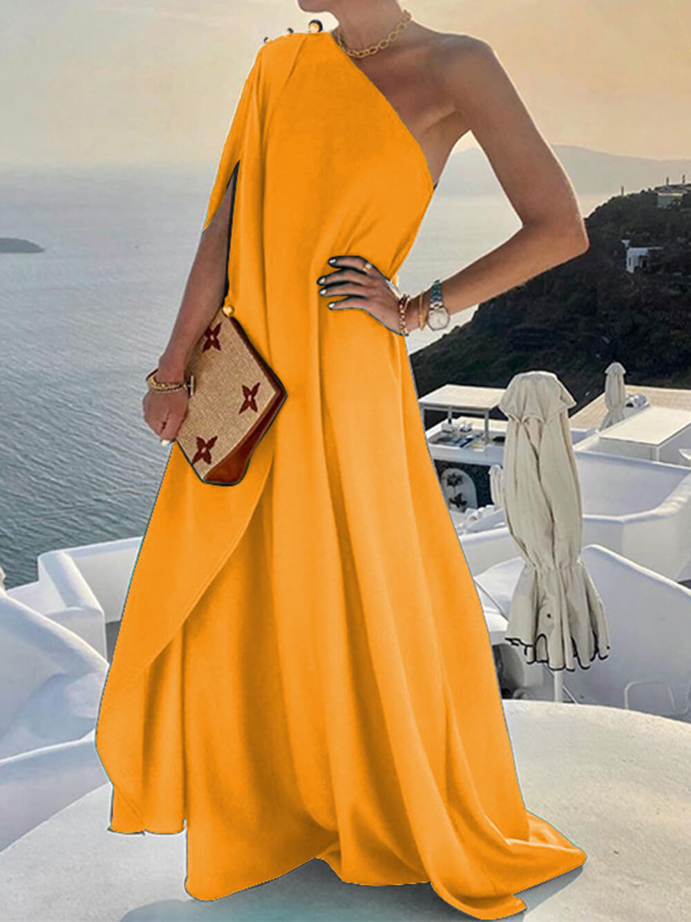 Fashionable Solid Color Loose One Shoulder Dress