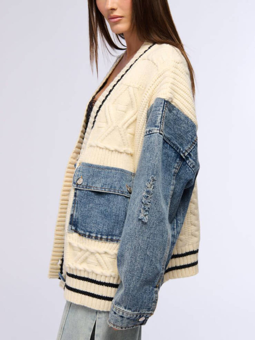 Denim Patchwork Cable Knit Coat