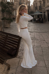Solid Color Long Sleeve Crop Top Pants Set
