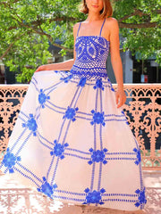 Painted Crochet Floral Print Unique Midi Dress