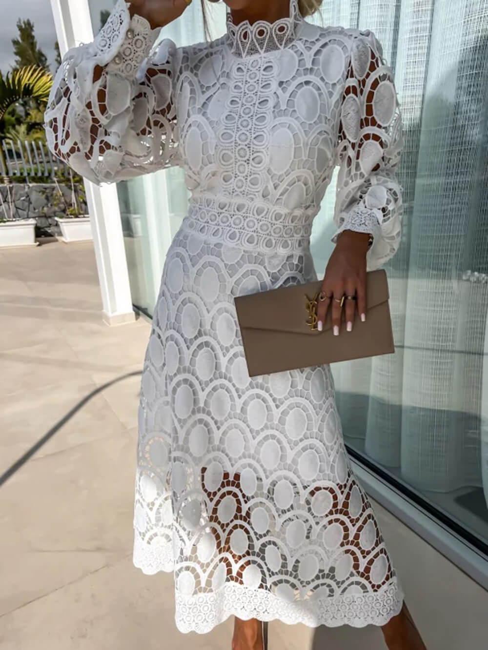 Lace Stand Collar Puff Sleeve Dress