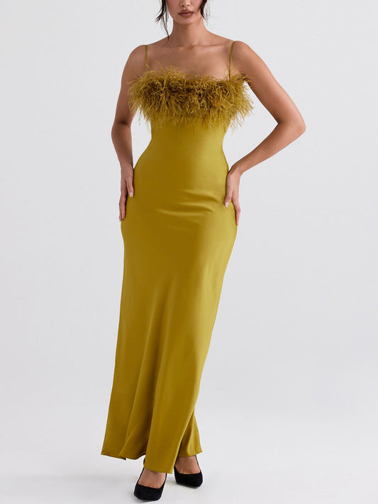 Delicate Satin Feather Neck Sling Dress